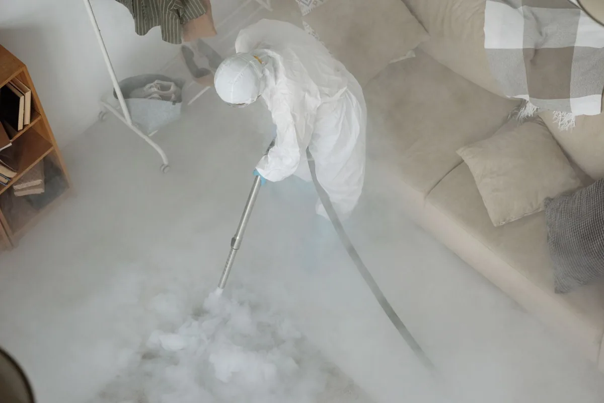Biohazard cleanup technician in protective equipment, Blacksburg, SC